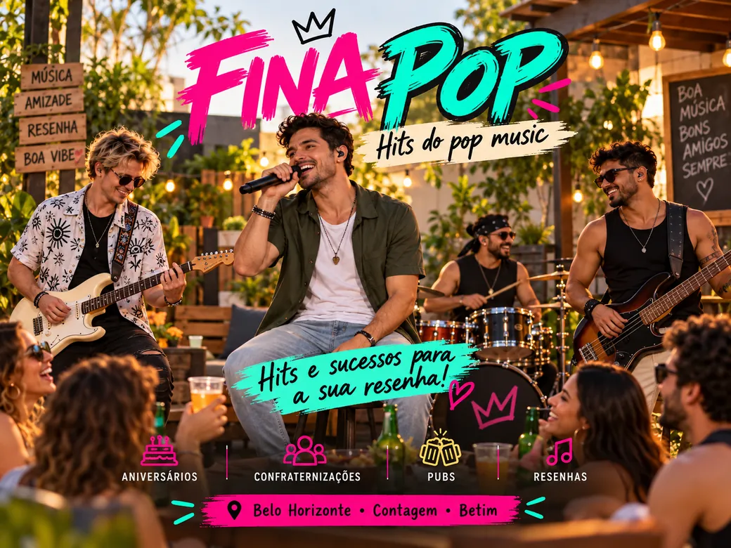 Arte conceitual da banda Fina Pop: Resenha de amigos em jardim ou varanda