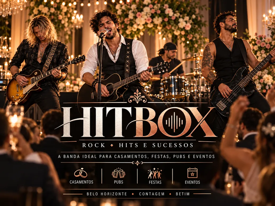 Arte conceitual da banda Hitbox: Casamento com convidados e decoração elegante