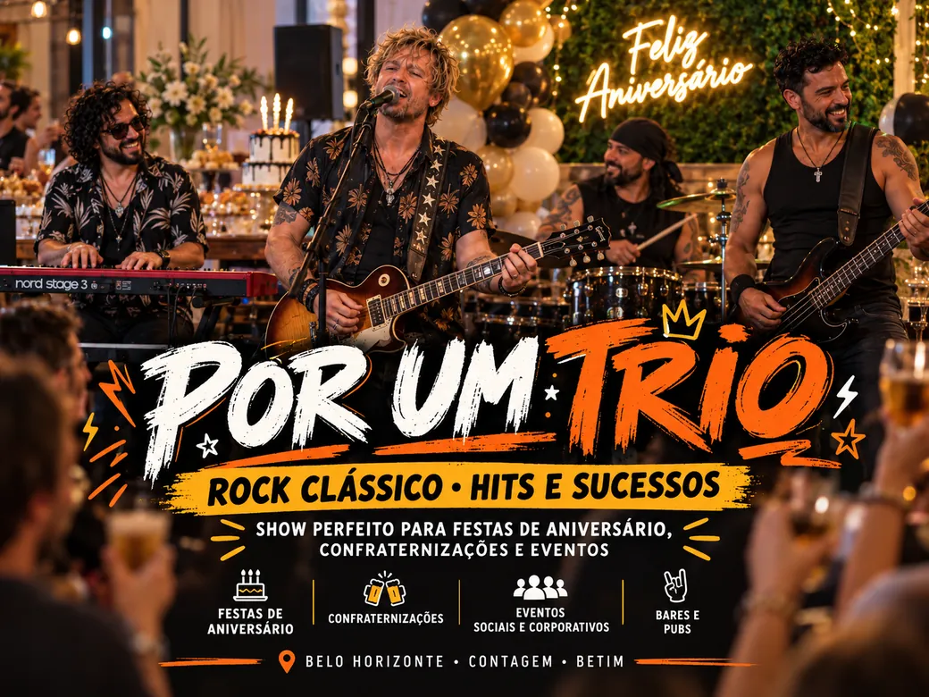 Arte conceitual da banda Por Um Trio: Aniversário com convidados e decoração festiva