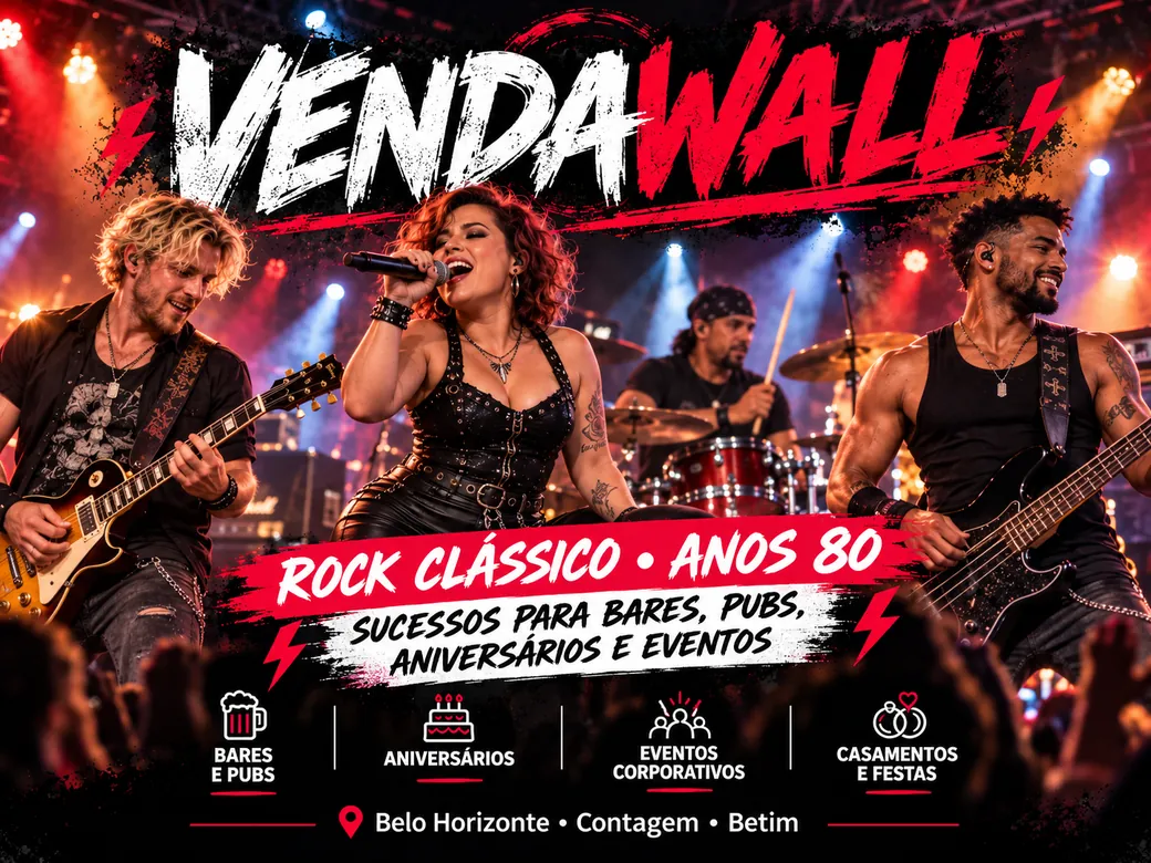 Arte conceitual da banda VendaWall: Pub rústico com luz natural e público próximo